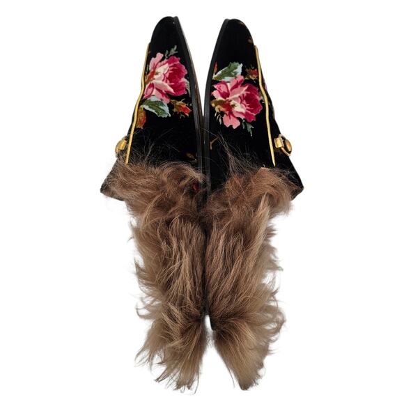 Gucci Princetown Horsebit Flat Slide Mule Fur Floral Black Velvet Size 38 US 8 - Picture 7 of 10